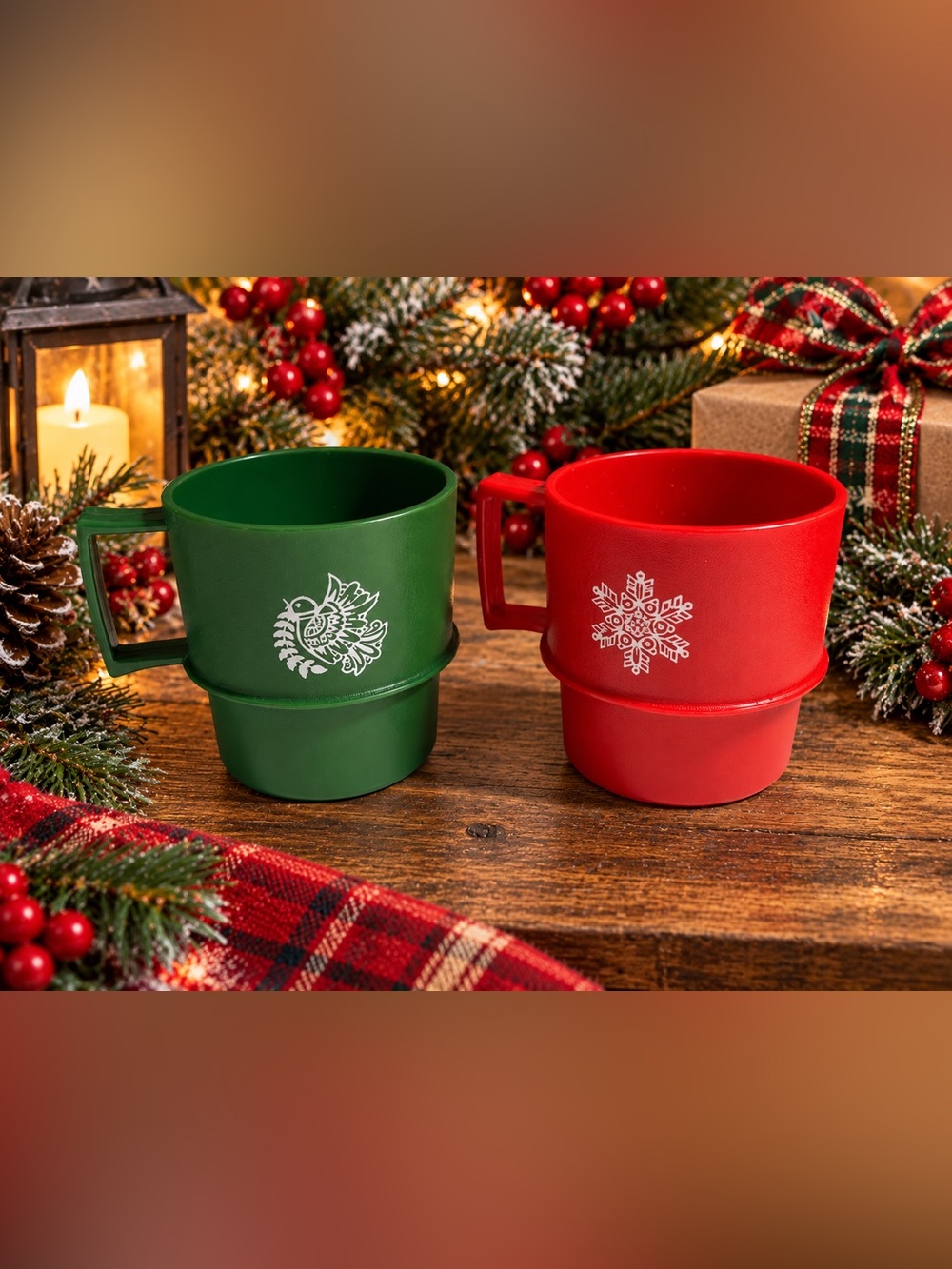 Vintage Tupperware Christmas Mugs Set of 2 Partridge Snowflake Stackable